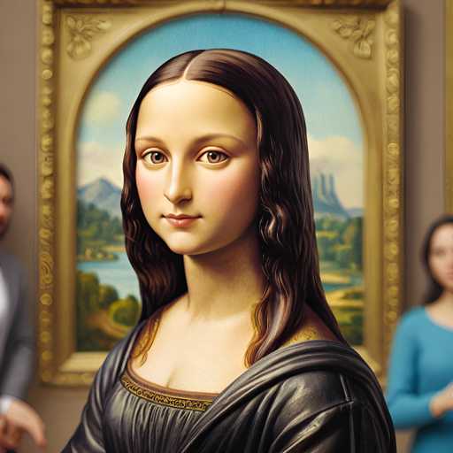 The image shows a statue of a woman with long brown hair and dark skin, wearing a black dress. The statue is positioned in front of an archway that leads to a painting of the Mona Lisa hanging on the wall behind it. In the background, there are two people present - one person dressed in a suit and another person wearing a blue shirt.