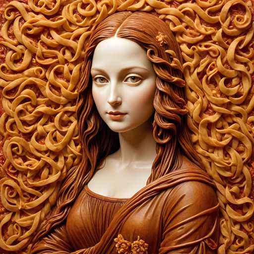 The image shows a close-up portrait of a woman with long brown hair and a brown dress. The background is a vibrant display of orange and yellow noodles arranged in the shape of a face.