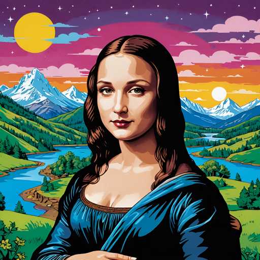 The image depicts a woman with long brown hair wearing a blue dress standing against the backdrop of a mountain range and a sunset sky. The colors used in the illustration are predominantly blue, green, and orange, creating a serene and picturesque scene.