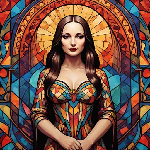 The image depicts a woman with long brown hair wearing a colorful dress adorned with geometric patterns and designs. The background features a stained glass window with blue, orange, and red hues, creating an ethereal atmosphere around the woman's figure.