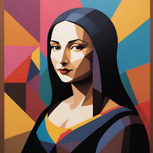 The image depicts an illustration of a woman with long hair and a blue headband. The woman is wearing a colorful dress that features geometric shapes in shades of pink, yellow, green, and orange. The background is a vibrant mix of colors including red, blue, purple, and green.