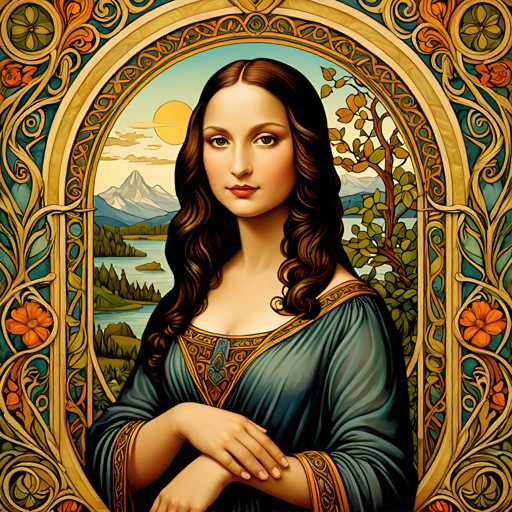 The image depicts a woman with long brown hair wearing a blue dress and holding her hands together in front of an ornate archway that features intricate designs and patterns. The background is filled with trees and mountains, suggesting the scene may be set in a forest or mountainous region.