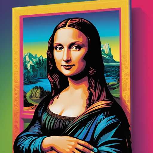 The image features a woman with long brown hair and blue eyes standing against a vibrant background of pink, yellow, green, and blue colors. The woman is wearing a blue dress that contrasts with the colorful backdrop. She has her arms crossed in front of her body, giving off an air of confidence or contemplation.