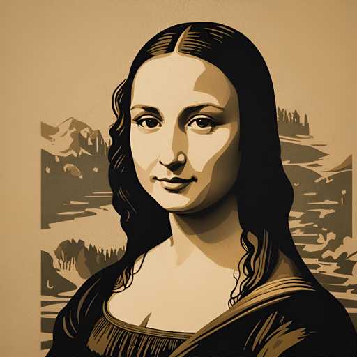 The image is an illustration of a woman's face rendered in black and white. The woman has long hair that cascades down her shoulders, adding a sense of movement to the composition. She is looking directly at the camera with a slight smile on her lips, giving off a warm and inviting vibe. The background features mountains under a clear sky, providing a serene backdrop for the portrait.