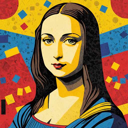 The image depicts a woman with long brown hair wearing a blue dress and a red headband. The background features a vibrant mix of colors including yellow, blue, red, and white, creating an abstract pattern that surrounds the woman's face.