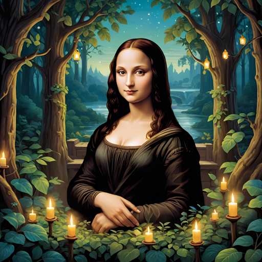 The image depicts a woman with long brown hair and dark clothing standing in the center of an art gallery. She is surrounded by trees and plants, creating a natural setting for her portrait. The painting style is realistic, focusing on capturing the details of the subject's features and expression.
