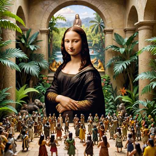 The image depicts a large group of people gathered around a statue of the woman known as the "Mona Lisa". The statue is positioned centrally within the frame and surrounded by palm trees and other tropical plants in the background. The people are standing at various distances from the statue, creating a sense of depth and perspective.