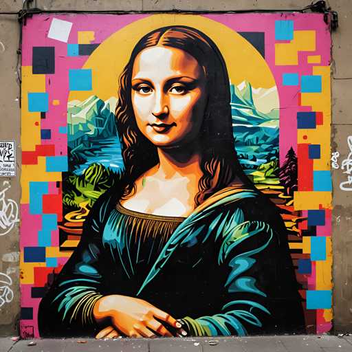 The image shows a vibrant mural on a concrete wall. The mural features the iconic painting of the Mona Lisa by Leonardo da Vinci. The painting is rendered in a realistic style with a focus on the subject's facial expression and the background landscape. The colors used are predominantly blue, green, pink, and yellow, creating a lively and colorful scene.