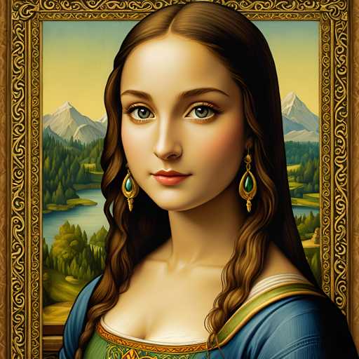 The image depicts a woman with long brown hair wearing earrings and a blue dress. She is looking directly at the camera, giving an impression of confidence and poise. The background features a landscape with mountains in the distance, suggesting that she might be in a mountainous region or on top of a mountain.