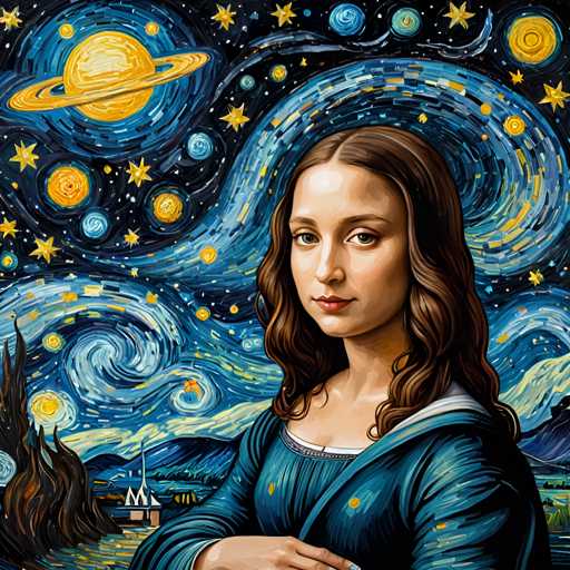 The image depicts a woman with long brown hair wearing a blue dress standing against the backdrop of a starry night sky filled with yellow stars and swirls. The painting style is realistic, capturing the intricate details of the woman's features and the surrounding celestial elements.