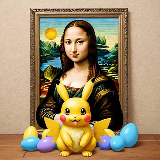 The image features a cartoon-style painting of a woman with long brown hair and a large nose, dressed in a black dress, standing next to a wooden table. On the table, there is an easter egg shaped like a yellow bird with blue accents, surrounded by several other Easter eggs in various colors including pink, purple, and green. The background of the painting depicts a landscape with mountains and trees under a clear blue sky.