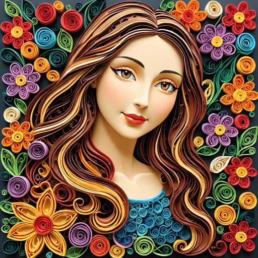 The image depicts a digital illustration of a woman's face with long brown hair and vibrant red lips. The background is a black square filled with an array of colorful flowers and leaves, creating a lively and whimsical atmosphere.