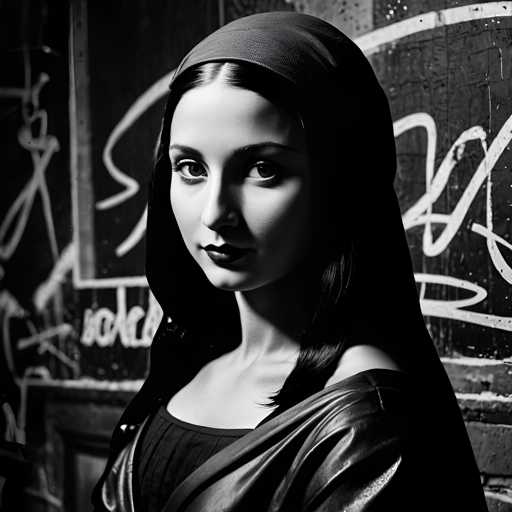 A woman with long dark hair is captured in a black and white photograph against the backdrop of a graffiti-covered wall. She is wearing a black hoodie over her shoulders and has a serious expression on her face as she gazes directly into the camera.