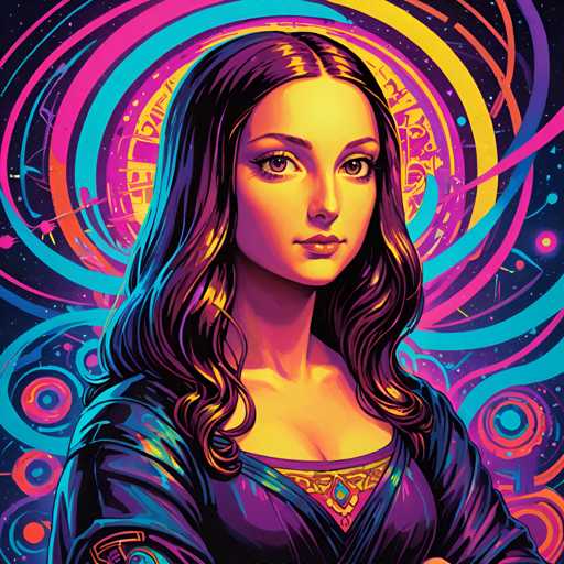 The image depicts a woman with long brown hair wearing a purple dress and standing against a vibrant background of colorful swirls and circles. The colors used in the painting are predominantly blue, pink, yellow, and orange, creating a visually striking and surreal atmosphere.