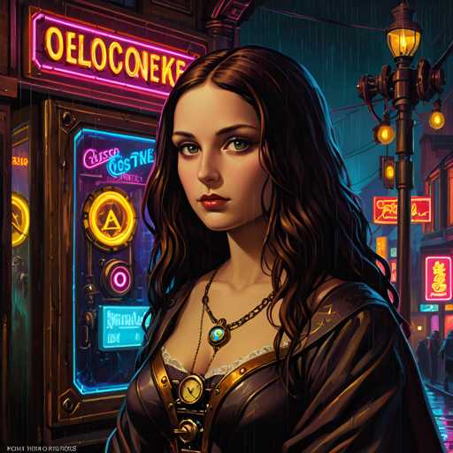 The image depicts a woman with long brown hair wearing a black dress and necklace, standing on a street at night. The background features neon signs and buildings, creating an urban atmosphere.