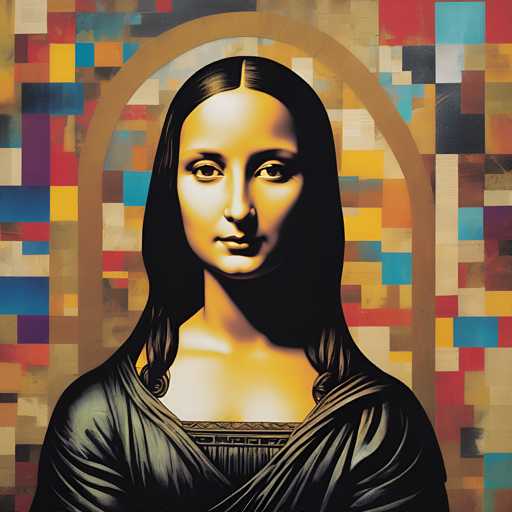 The image depicts a woman with long hair and dark skin, wearing a black dress against a colorful background of squares and rectangles in various shades of blue, red, yellow, green, and orange. The painting style is realistic, focusing on the intricate details of the woman's features and clothing.