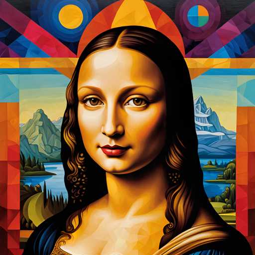 The image depicts a woman with long brown hair and dark skin tones rendered in an impressionist style. The background features a vibrant landscape of mountains and trees, creating a sense of depth and distance. The painting is signed "Mona Lisa" by the artist, indicating its origin as a portrait of a woman.