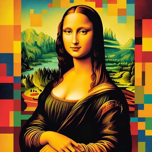 The image features an illustration of a woman with long brown hair and a black dress, standing against a colorful background that includes squares of various colors such as red, yellow, green, blue, and orange. The woman is positioned in the center of the image, facing towards the viewer.