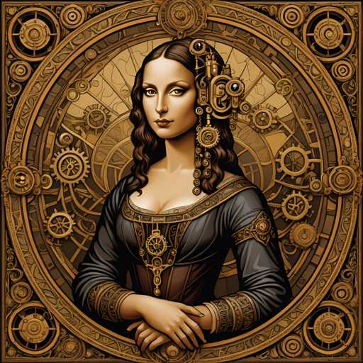 The image depicts a woman with long brown hair wearing a black dress and a gold headpiece adorned with intricate designs. The woman is positioned centrally within the frame, facing towards the viewer. Surrounding her are gears and cogs in various colors of brown and gold, creating an impressionistic style reminiscent of the Renaissance period.