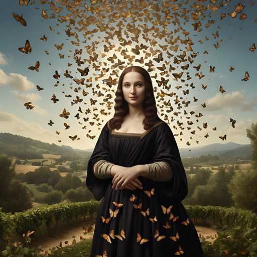 The image depicts a woman standing in front of a garden with butterflies surrounding her. The woman is wearing a black dress and has long hair that falls over her shoulders. The butterflies are scattered around the woman's head and body, creating a sense of movement and energy.
