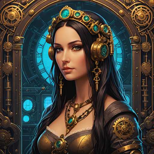 The image depicts a woman with long dark hair wearing a gold tiara and earrings. She is positioned against a blue background that features a clock and gears, suggesting an industrial or futuristic theme. The woman's gaze is directed towards the camera, creating a sense of connection between her and the viewer.
