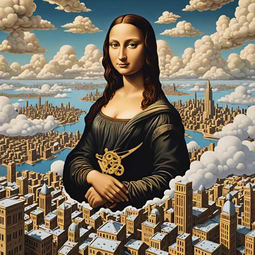 The image depicts a woman with long brown hair and a black dress standing in the center of a cityscape. The city is filled with tall buildings, including one on each side of the street, as well as a river running through the middle. The sky above is cloudy, creating an atmospheric backdrop for the scene.
