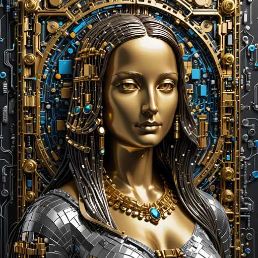 The image depicts a gold statue of a woman with long hair and a necklace, set against a backdrop of blue and silver metallic components arranged in a circular pattern. The statue is positioned centrally within the frame, drawing attention to its intricate design and craftsmanship.
