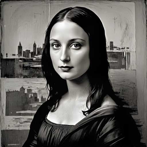 A black and white portrait of a woman, reminiscent of Leonardo da Vinci's Mona Lisa. The woman has long, dark hair and a serene expression, looking directly at the viewer. She is wearing a simple, draped garment that drapes over her shoulders. The background features a textured, abstract backdrop with a cityscape visible in the distance. The overall style is highly stylized and artistic, emphasizing soft lighting and subtle shading to create a sense of depth and mystery.