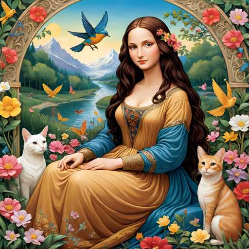 The image depicts a woman wearing a blue and gold dress with a flower in her hair, seated on a bench surrounded by flowers and butterflies. Two cats are present in the scene - one is sitting next to the woman, while the other is perched on a nearby tree branch. The background features mountains under a clear sky, adding depth and context to the scene.