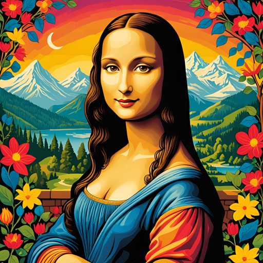 The image depicts a woman with long brown hair wearing a blue dress and holding a book. The background features mountains under an orange sky, with flowers scattered throughout the scene.