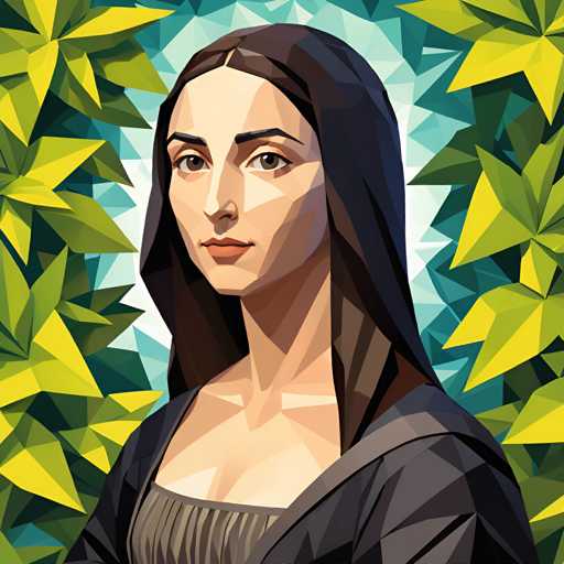 The image depicts a woman with long dark hair wearing a black dress and a hooded jacket. She is positioned against a backdrop of green leaves and yellow flowers, creating an impressionistic style reminiscent of the paintings of the Italian Renaissance artist Leonardo da Vinci. The colors used in the painting are predominantly blue, green, and yellow, which contribute to the overall mood and atmosphere of the artwork.