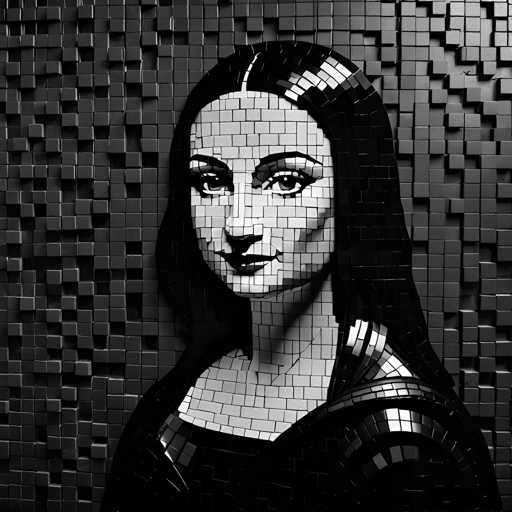 The image is a black and white portrait of a woman's face composed entirely of small square tiles arranged in a grid-like pattern. The woman appears to be wearing a dress with a high neckline and long sleeves, suggesting an elegant or formal attire.