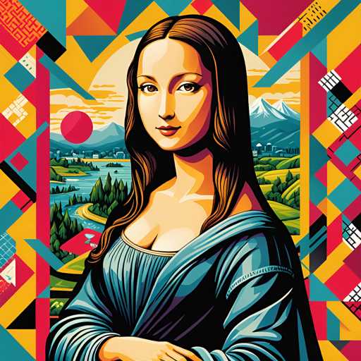 The image depicts a woman with long brown hair wearing a blue dress and standing against a colorful geometric background featuring triangles of various sizes and colors arranged in a grid-like pattern. The woman is positioned centrally within the frame, facing towards the viewer.