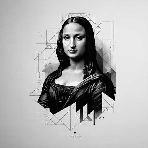 The image is a black and white portrait of a woman with long hair styled in an updo. The woman's face is the main focus, and she appears to be looking directly at the camera. The background features geometric shapes that create a sense of depth and complexity.
