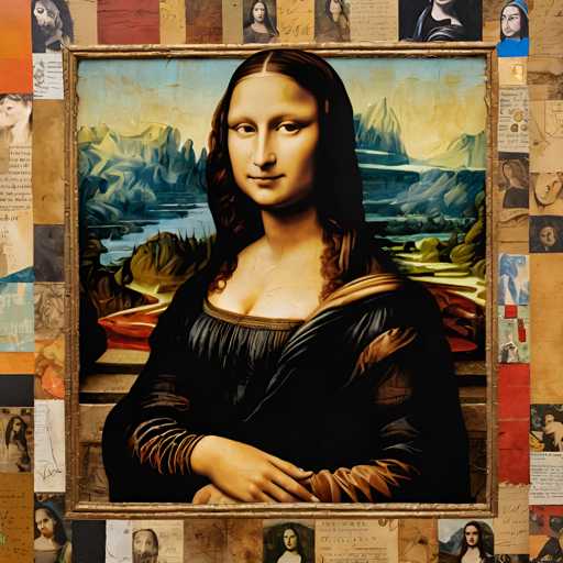 The image shows a portrait of the famous artist Leonardo da Vinci painted on canvas. The painting is framed by a gold border and set against a backdrop of mountains and water. The colors used in the painting are predominantly blue, green, and brown.