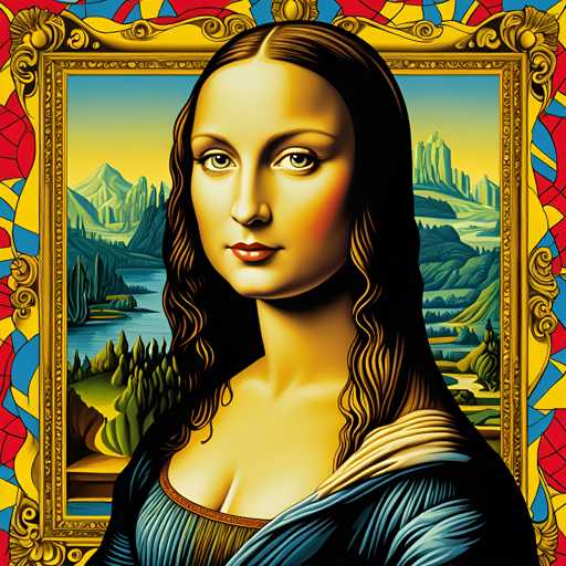 The image features a woman with long brown hair and a blue dress against a vibrant yellow background adorned with red and blue accents. The woman is positioned centrally within the frame, facing towards the viewer. In the top left corner of the image, there's a gold-framed picture depicting a mountain landscape under a clear sky.