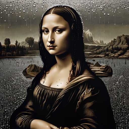 The image depicts a woman with long brown hair and dark makeup, wearing a black dress against a gray background. The woman is standing in front of a body of water that has been rendered in shades of blue and green, with mountains visible in the distance. The painting style is realistic, focusing on capturing the details of the woman's features and the surrounding environment.