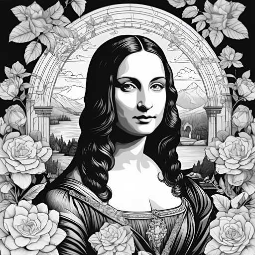 The image is a black and white portrait of a woman with long hair wearing a dress. The background features an archway adorned with roses and leaves, creating a sense of depth and dimension to the scene. The artist's signature can be seen in the bottom right corner.