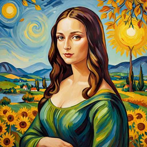 The image depicts an impressionist painting featuring a woman with long brown hair and a green dress standing against a backdrop of a sunflower field and mountains under a blue sky dotted with yellow stars. The style is characterized by loose brushstrokes and an emphasis on color over detail, which is typical of the impressionist genre.