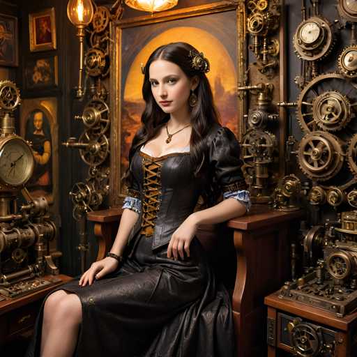A woman is seated on a wooden bench in front of a large painting that depicts a clock and gears. She is wearing a black dress with gold accents and has her hair styled in an elegant updo. The room features various paintings and sculptures, creating an atmosphere of artistic expression and intellectual curiosity.