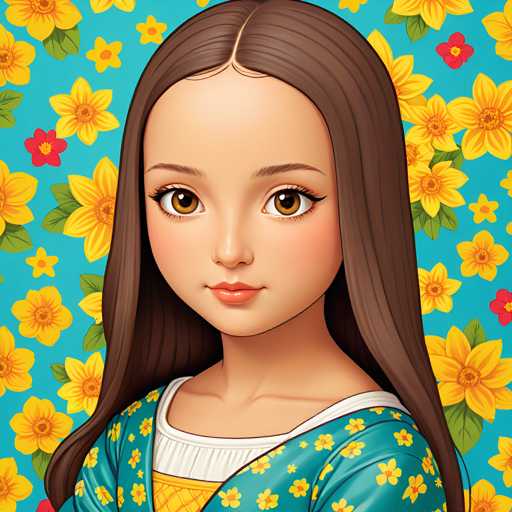 The image features a digital illustration of a young girl with long brown hair and striking blue eyes. She is wearing a green dress adorned with yellow flowers that add a vibrant touch to her appearance. The background behind the girl is a solid teal color, which contrasts beautifully with her outfit and enhances the overall visual appeal of the image.
