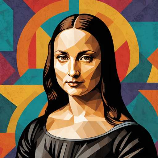A portrait of Mona Lisa, reimagined in a modern, geometric style. The image is rendered using a mosaic-like pattern of interconnected polygons, creating a visually striking and abstract representation of the iconic painting. The color palette is vibrant and bold, with warm oranges and reds contrasting against cool blues and teals. The overall effect is a contemporary interpretation of a timeless masterpiece, blending the familiar with the unexpected.
