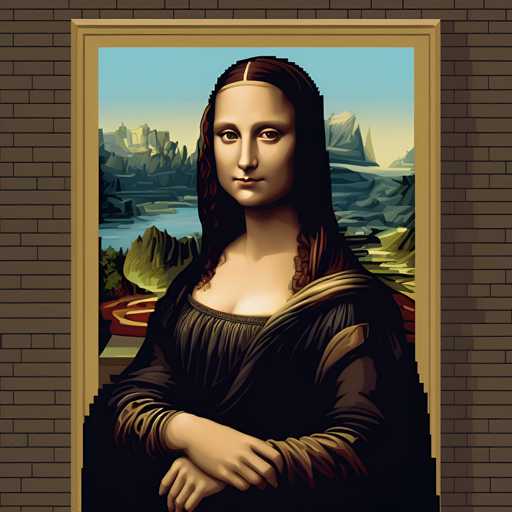 The image shows a digital rendering of the famous painting "Mona Lisa" by Leonardo da Vinci. The portrait is rendered in black and white, with a focus on the woman's face. The background features a brick wall, adding an urban touch to the scene. The artist responsible for this work is known as Da Vinci.