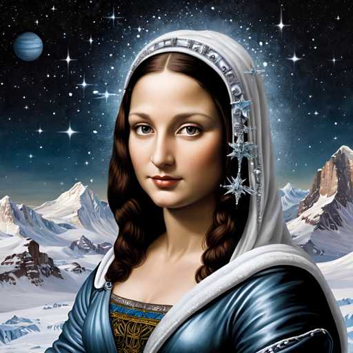The image depicts a woman with long brown hair wearing a blue dress and a white headscarf adorned with silver stars. The background features a night sky filled with stars and mountains under a dark blue color scheme.