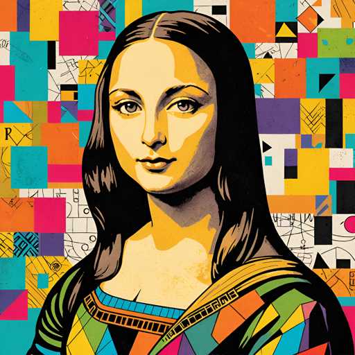 The image depicts an illustration of a woman's face rendered in a cartoon style with a vibrant color palette and geometric shapes. The woman is the central figure, positioned against a backdrop that features a mosaic of various colors and shapes, including squares, triangles, circles, and rectangles.