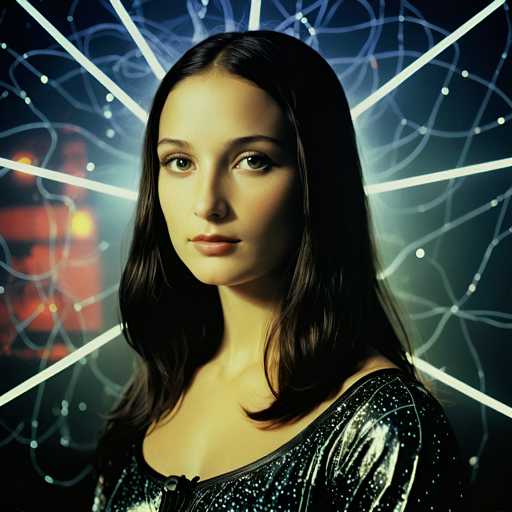 A woman with long brown hair is the central figure in this image. She is wearing a black dress and her gaze is directed straight at the camera. The background features a pattern of white lines that appear to be radiating outwards from the center, creating an abstract and surreal atmosphere.