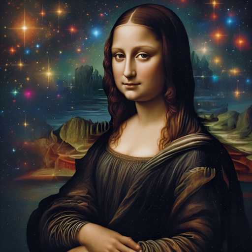 The image is an illustration of a woman with long brown hair and a black dress, set against a starry night sky backdrop featuring the Mona Lisa's face prominently displayed. The colors used in the artwork are predominantly dark shades of blue, purple, and green, creating a sense of depth and mystery.