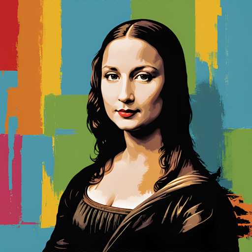 The image is an illustration of a woman's face rendered in a digital art style. The artist has used a color palette that includes shades of blue, green, red, and yellow to create the portrait. The woman appears to be wearing a black dress with a brown collar, and her hair is styled in loose waves.