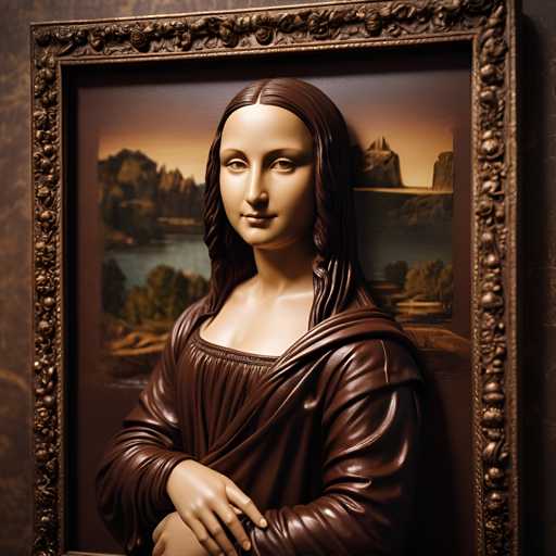 The image shows a bronze statue of a woman with long brown hair and a flowing dress, standing against a dark background. The statue is positioned on the left side of the frame, facing towards the right. The background features a painting depicting a landscape with trees and mountains in the distance.