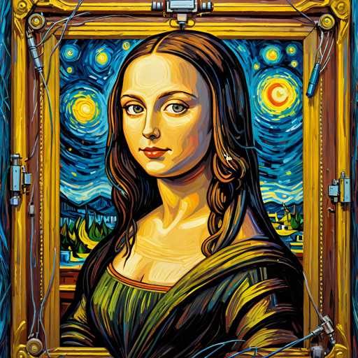 The image shows a portrait of a woman with long brown hair and dark skin tones rendered in an impressionistic style. The painting is framed by a gold border and hangs on the wall.